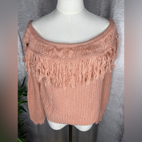 NWT Lulus Sew Prepared Dusty Rose Fringe Knit Off Shoulder Sweater Sz S - Picture 3 of 11